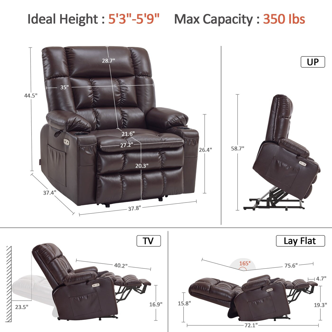 Fauteuil inclinable électrique à double moteur MCombo avec massage et chauffage, positions infinies, similicuir R7897 (moyen-large)