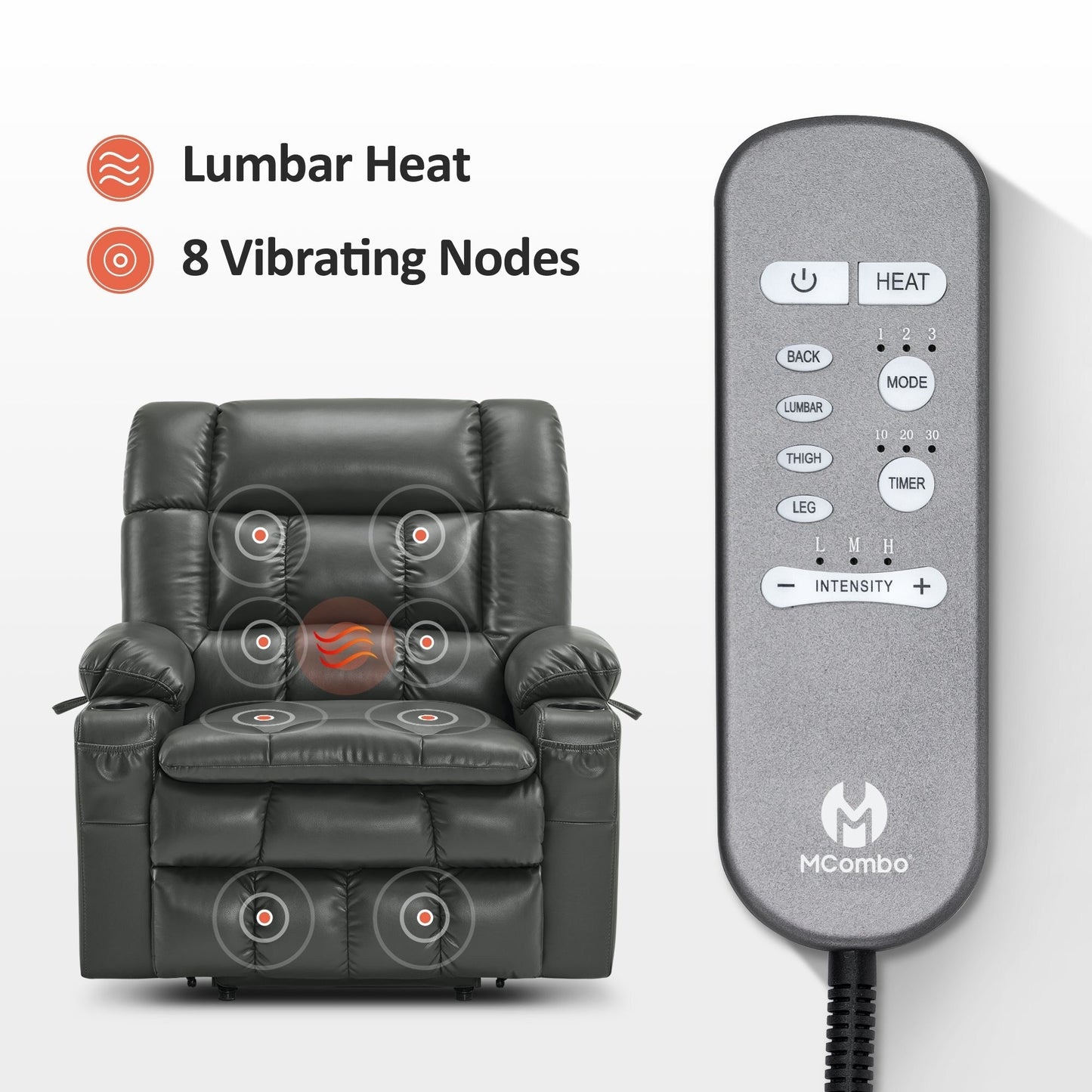 Fauteuil inclinable électrique à double moteur MCombo avec massage et chauffage, positions infinies, similicuir R7897 (moyen-large)