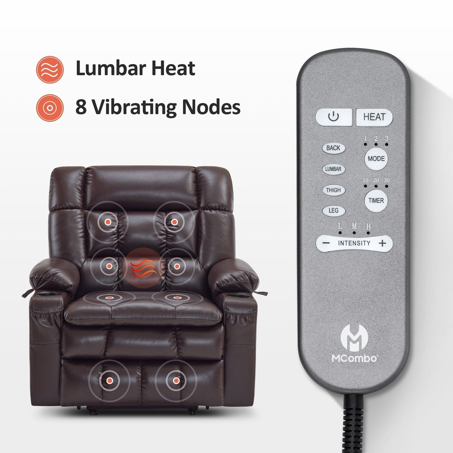 Fauteuil inclinable électrique à double moteur MCombo avec massage et chauffage, positions infinies, similicuir R7897 (moyen-large)