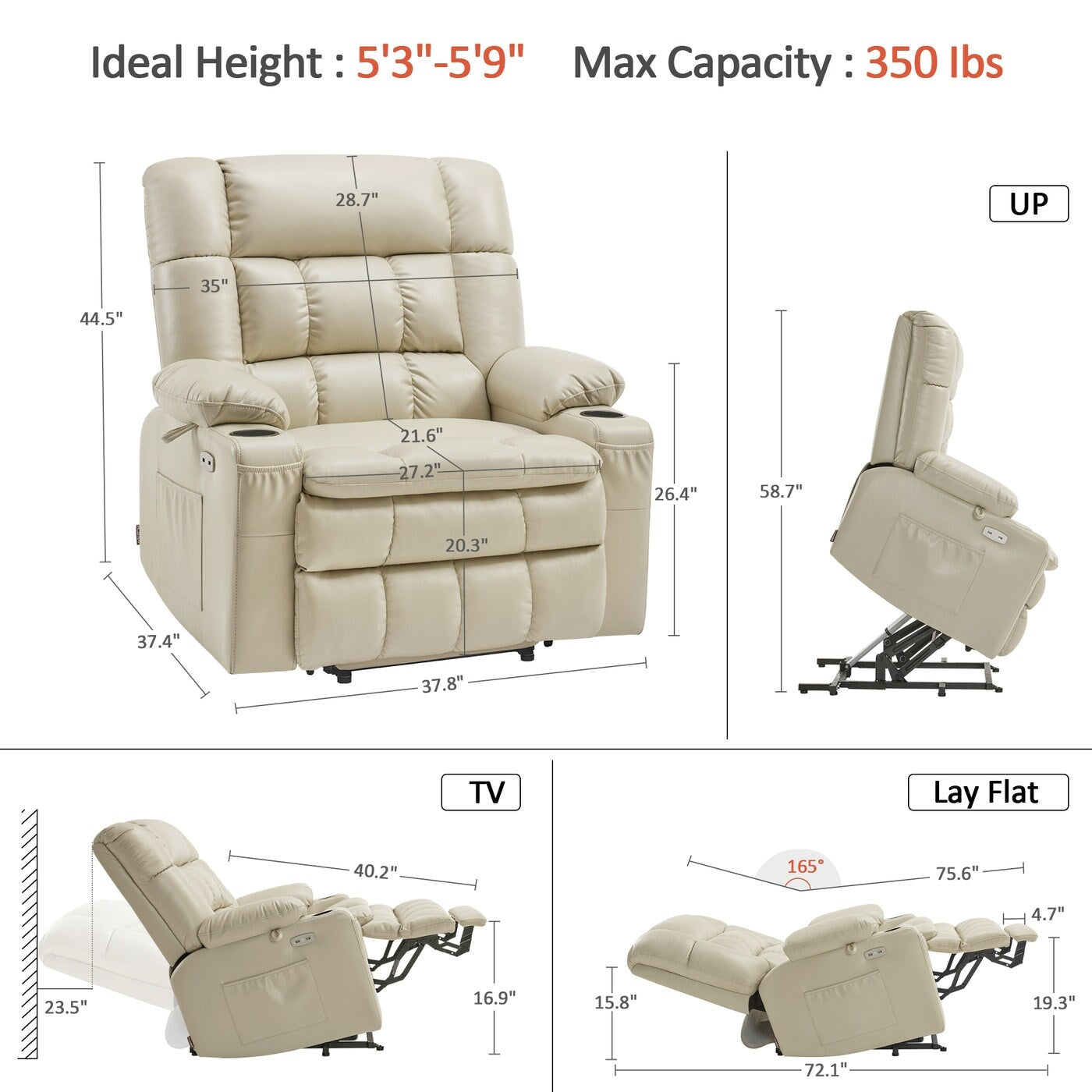Fauteuil inclinable électrique à double moteur MCombo avec massage et chauffage, positions infinies, similicuir R7897 (moyen-large)