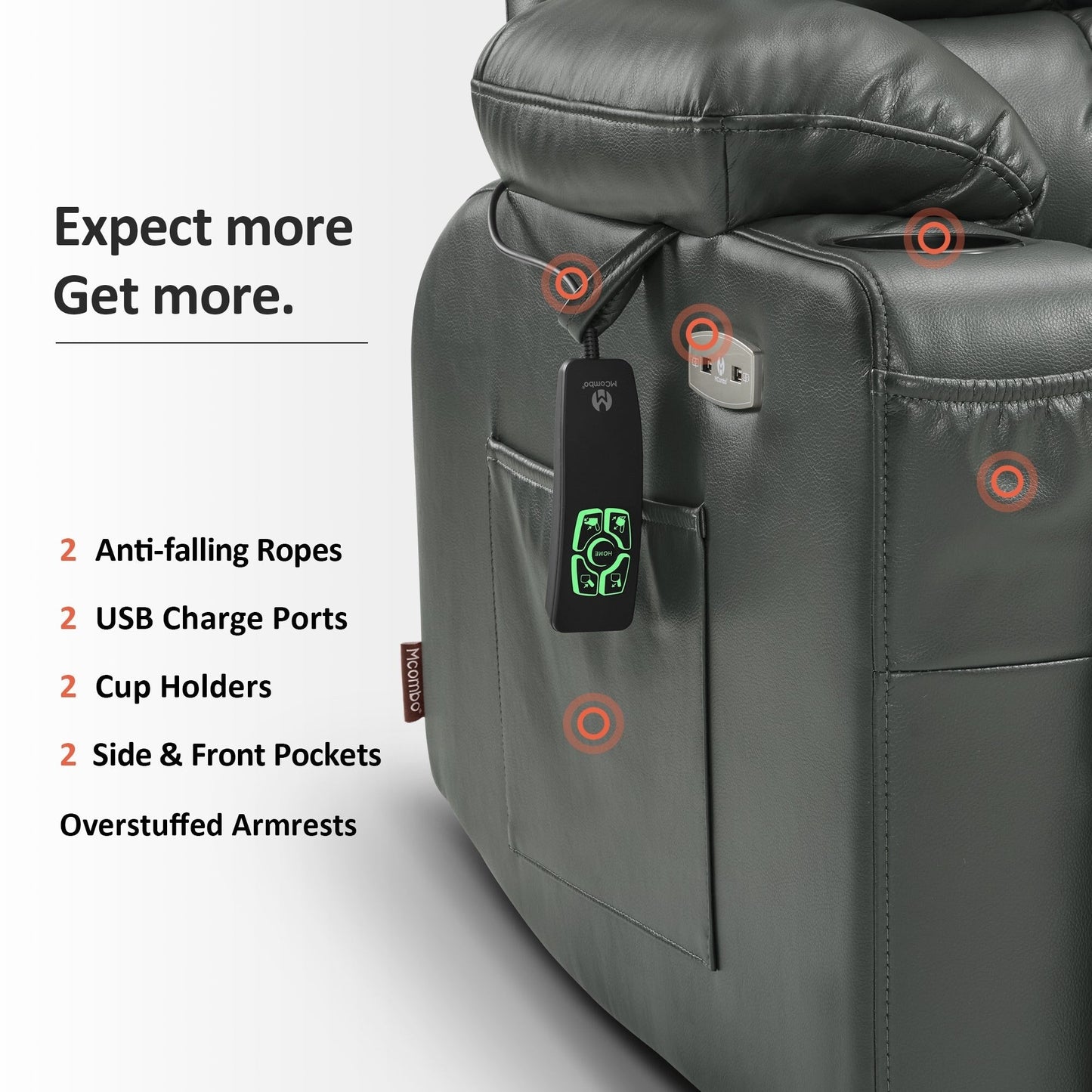 Fauteuil inclinable électrique à double moteur MCombo avec massage et chauffage, positions infinies, similicuir R7897 (moyen-large)