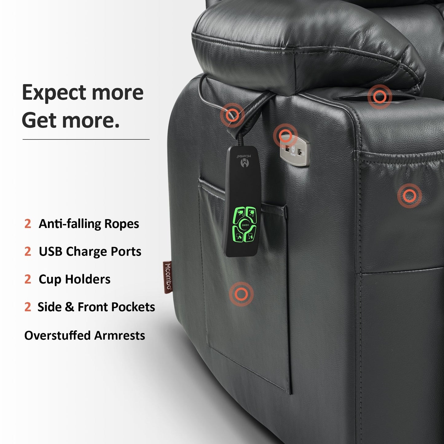 Fauteuil inclinable électrique à double moteur MCombo avec massage et chauffage, positions infinies, similicuir R7897 (moyen-large)