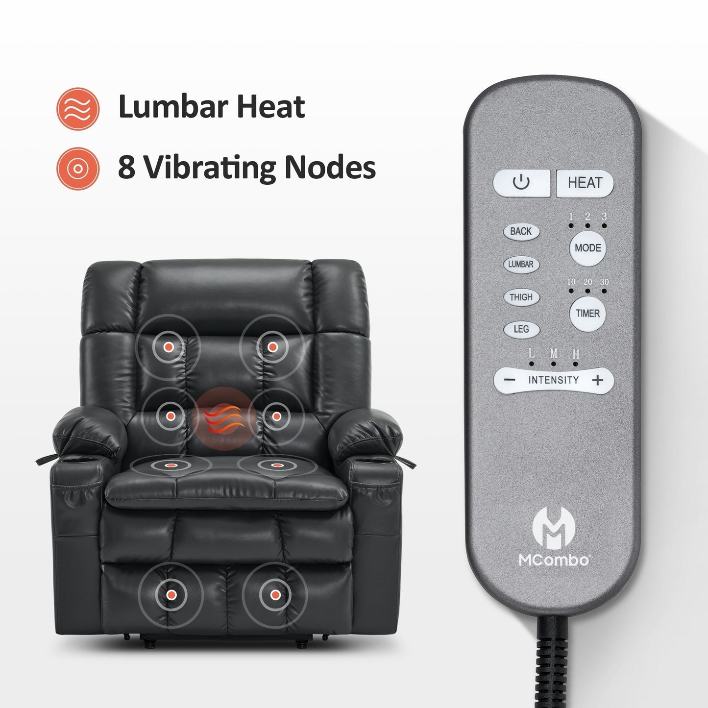 Fauteuil inclinable électrique à double moteur MCombo avec massage et chauffage, positions infinies, similicuir R7897 (moyen-large)