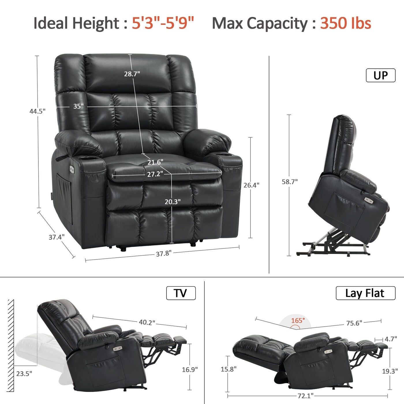 Fauteuil inclinable électrique à double moteur MCombo avec massage et chauffage, positions infinies, similicuir R7897 (moyen-large)