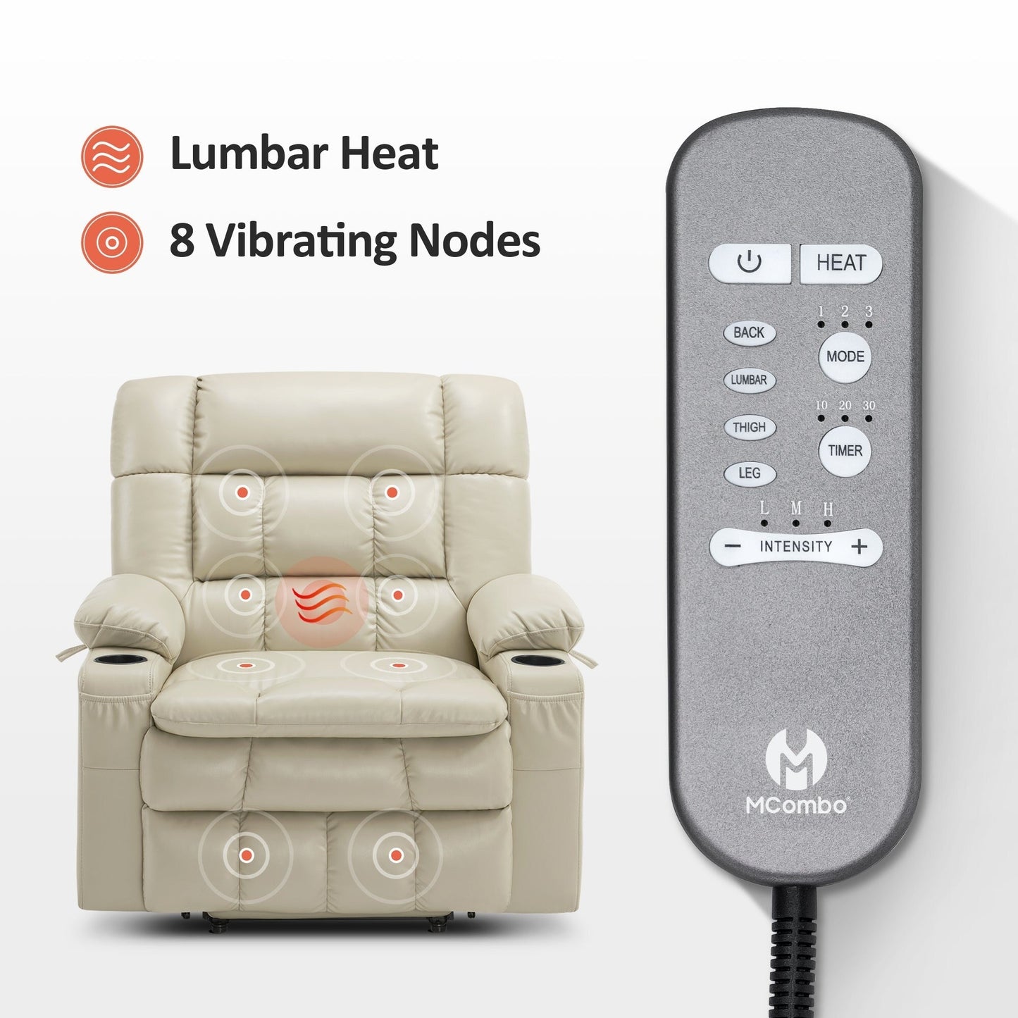 Fauteuil inclinable électrique à double moteur MCombo avec massage et chauffage, positions infinies, similicuir R7897 (moyen-large)