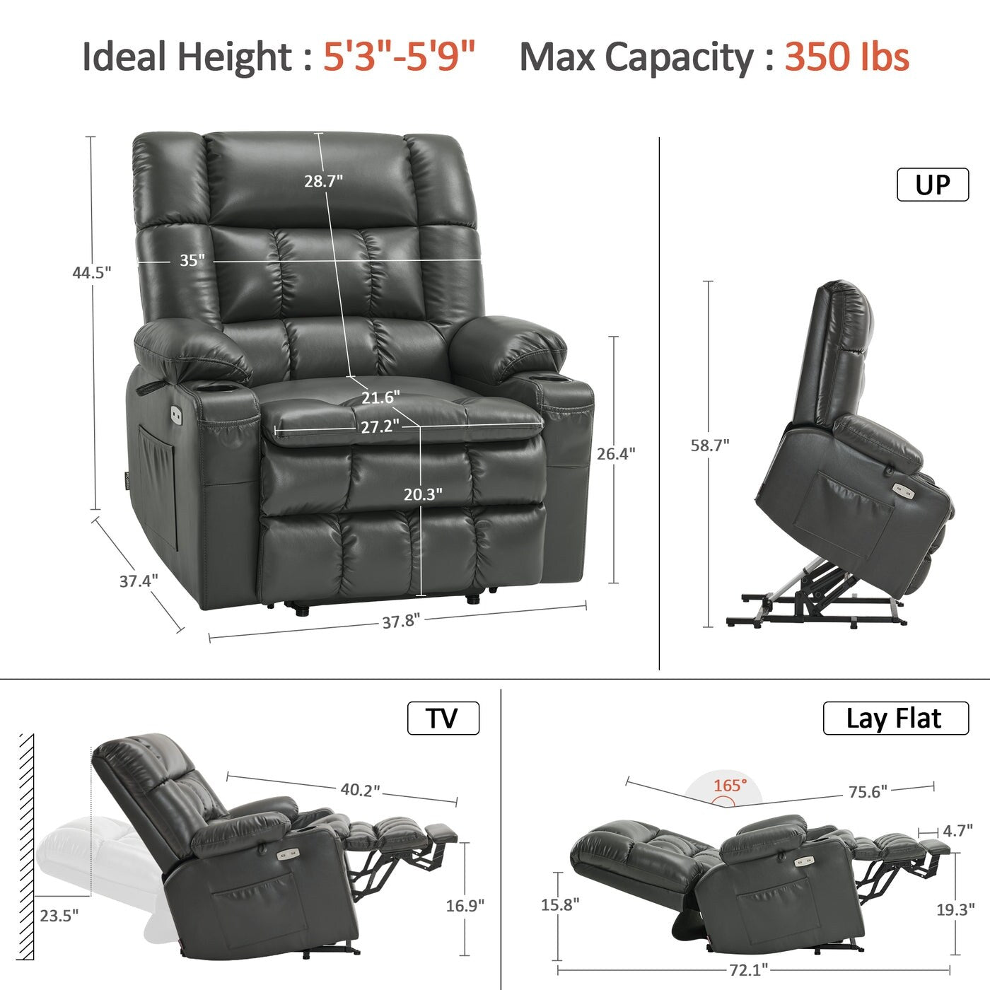 Fauteuil inclinable électrique à double moteur MCombo avec massage et chauffage, positions infinies, similicuir R7897 (moyen-large)