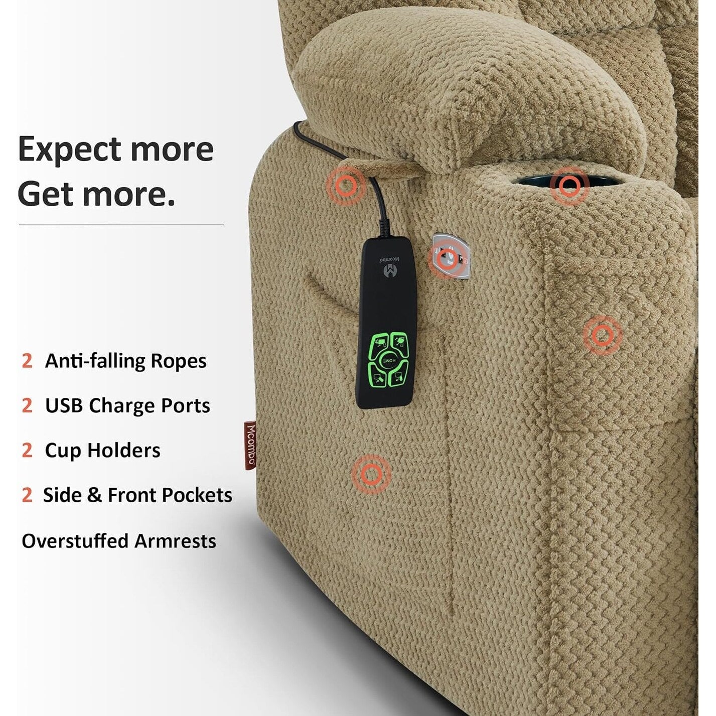 Fauteuil inclinable électrique à double moteur MCombo avec massage et chauffage pour personnes de grande taille, tissu R7891 (grand/large)