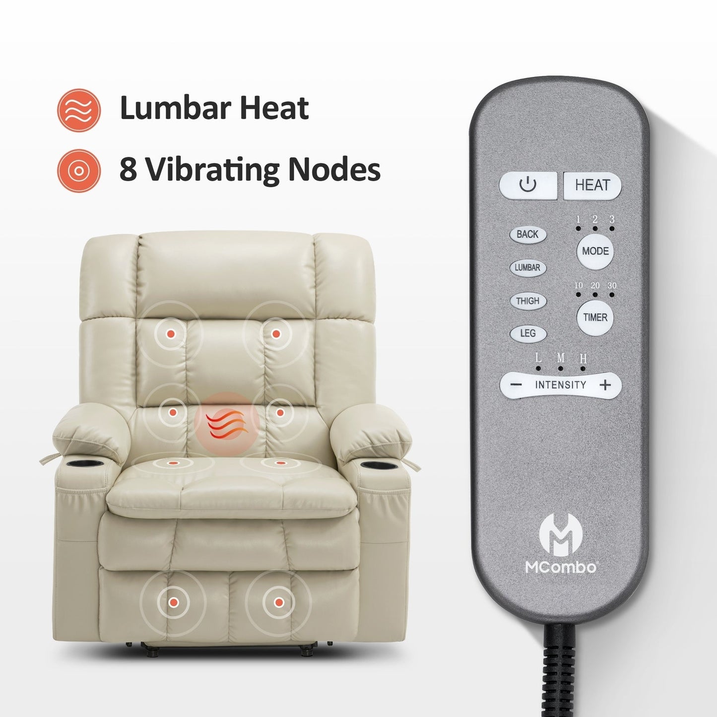 Fauteuil inclinable releveur électrique à double moteur MCombo avec massage et chauffage pour personnes de grande taille, similicuir R7891 (grand/large)