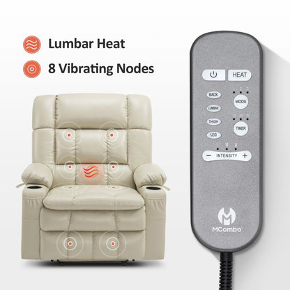 Fauteuil inclinable releveur électrique à double moteur MCombo avec massage et chauffage pour personnes de grande taille, similicuir R7891 (grand/large)