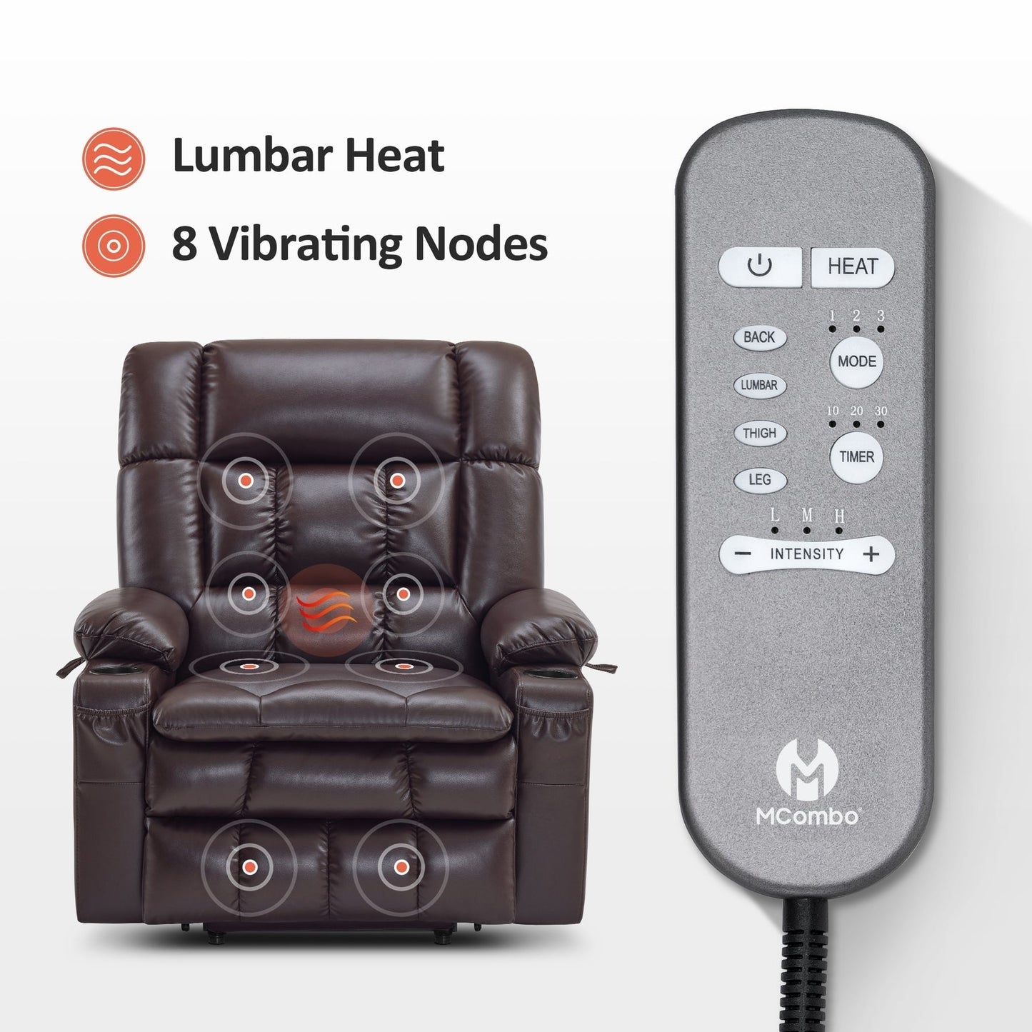 Fauteuil inclinable releveur électrique à double moteur MCombo avec massage et chauffage pour personnes de grande taille, similicuir R7891 (grand/large)