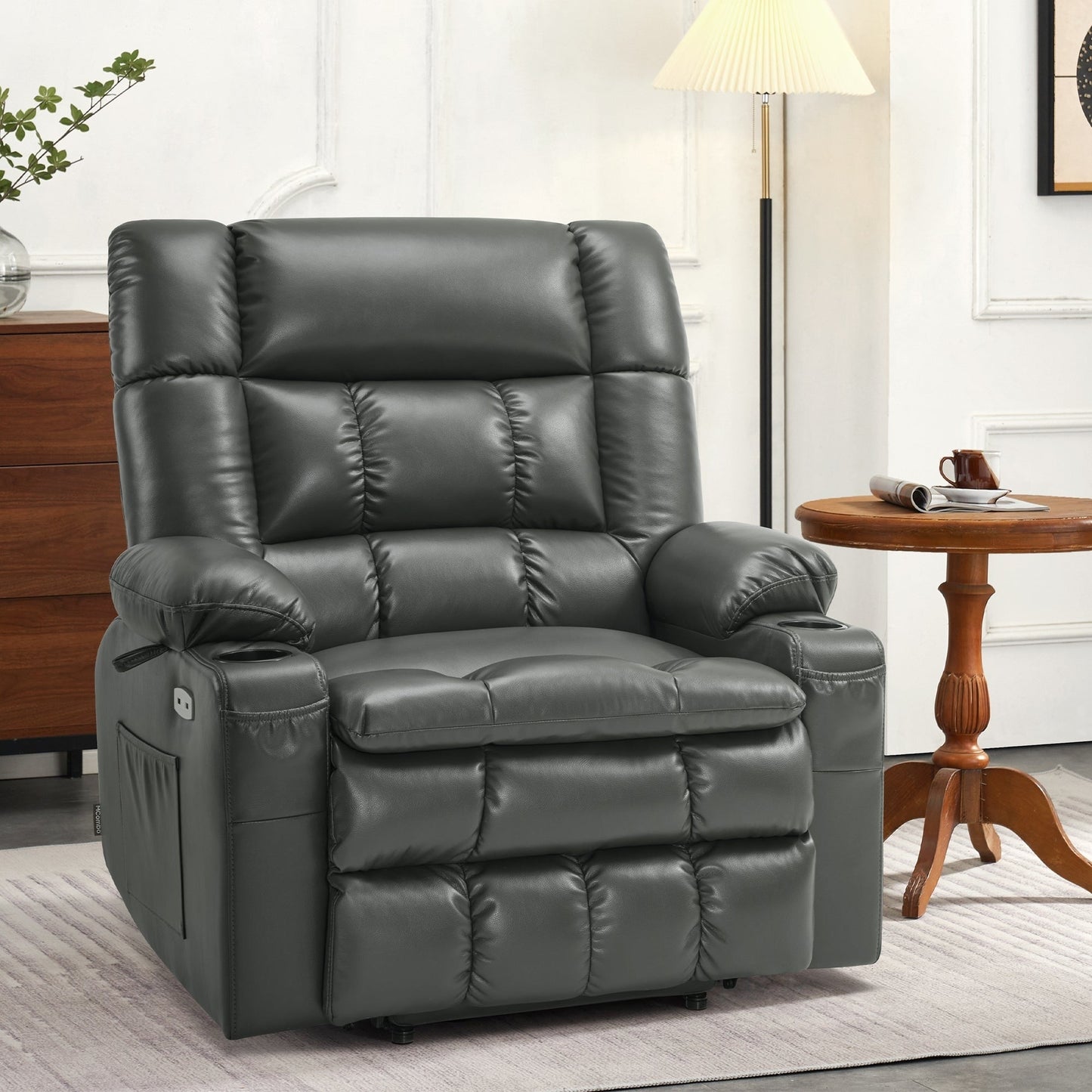 Fauteuil inclinable releveur électrique à double moteur MCombo avec massage et chauffage pour personnes de grande taille, similicuir R7891 (grand/large)