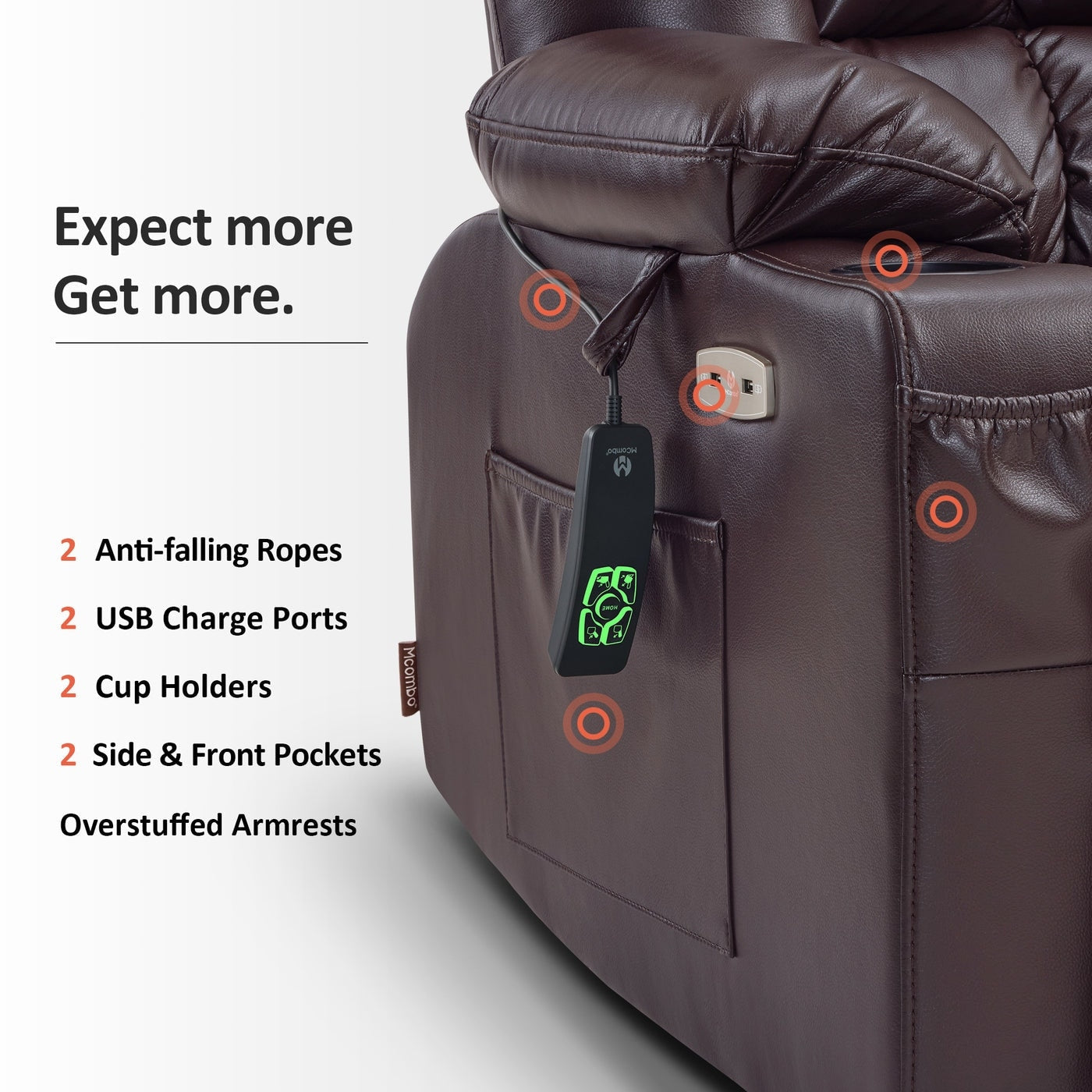 Fauteuil inclinable releveur électrique à double moteur MCombo avec massage et chauffage pour personnes de grande taille, similicuir R7891 (grand/large)