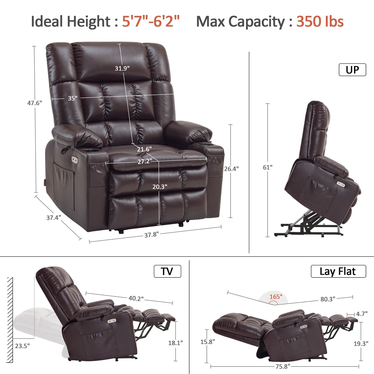 Fauteuil inclinable releveur électrique à double moteur MCombo avec massage et chauffage pour personnes de grande taille, similicuir R7891 (grand/large)