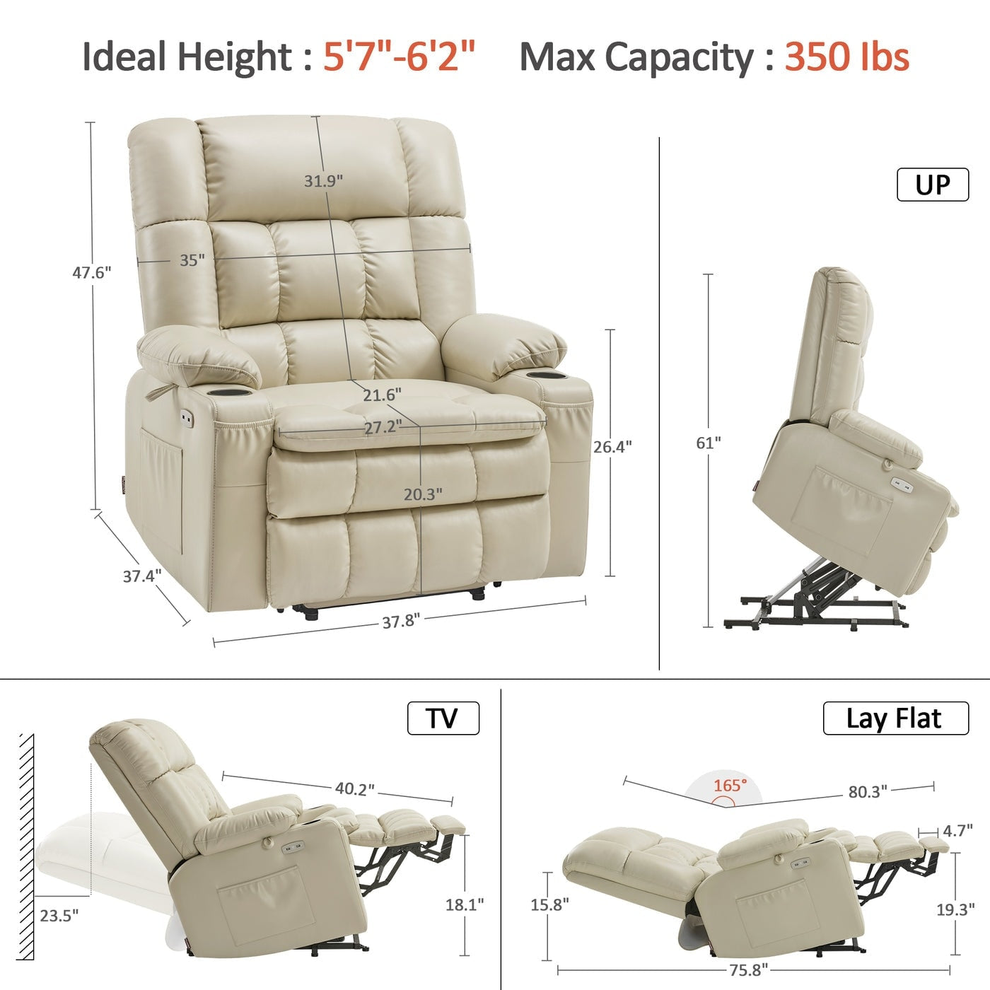Fauteuil inclinable releveur électrique à double moteur MCombo avec massage et chauffage pour personnes de grande taille, similicuir R7891 (grand/large)