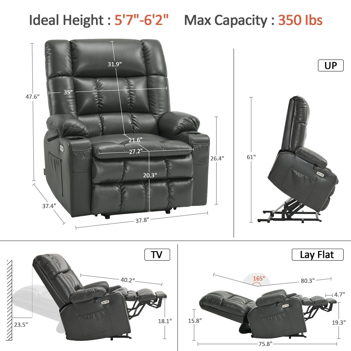 Fauteuil inclinable releveur électrique à double moteur MCombo avec massage et chauffage pour personnes de grande taille, similicuir R7891 (grand/large)