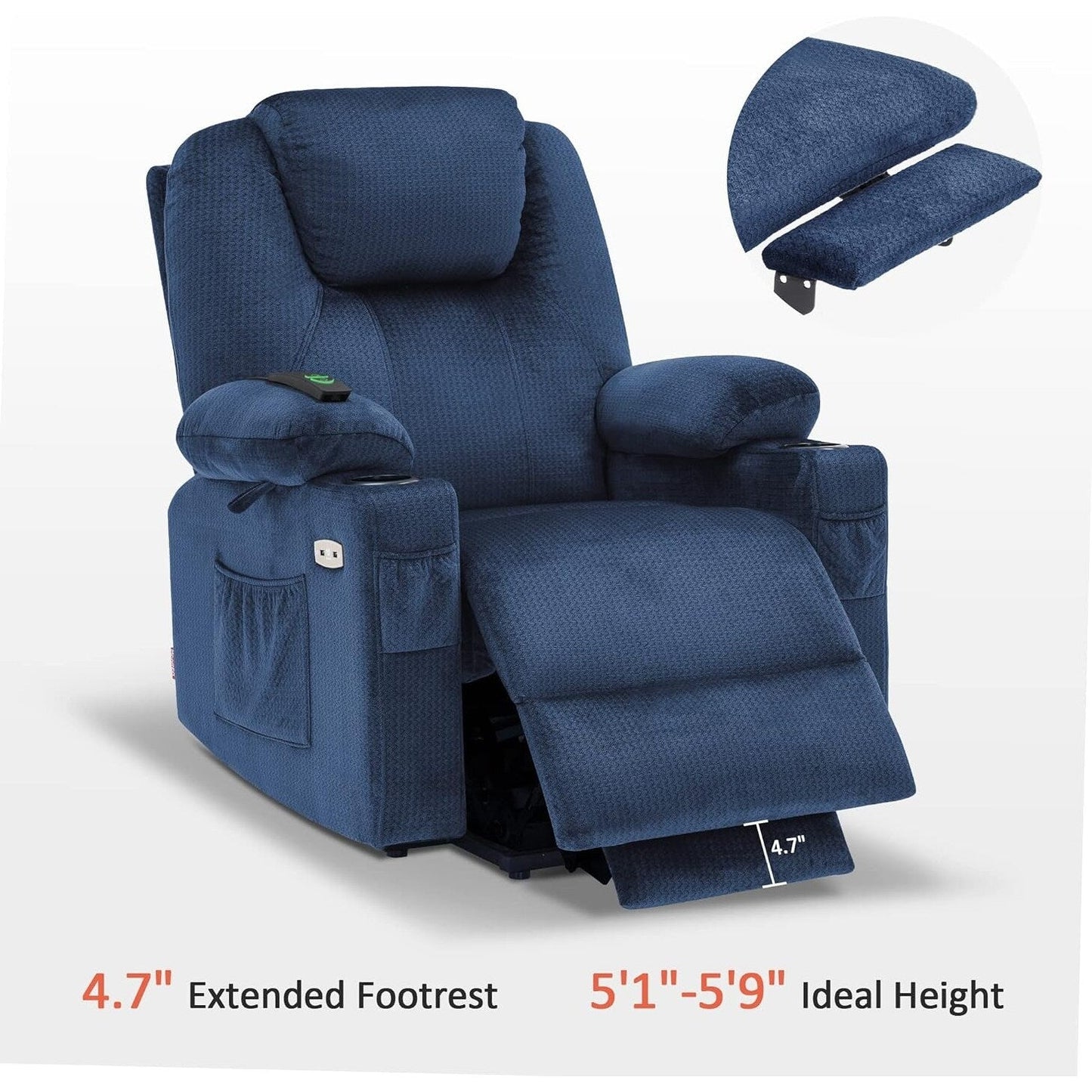 Fauteuil inclinable électrique MCombo avec massage et chauffage, 3 positions, ports USB, tissu 7040