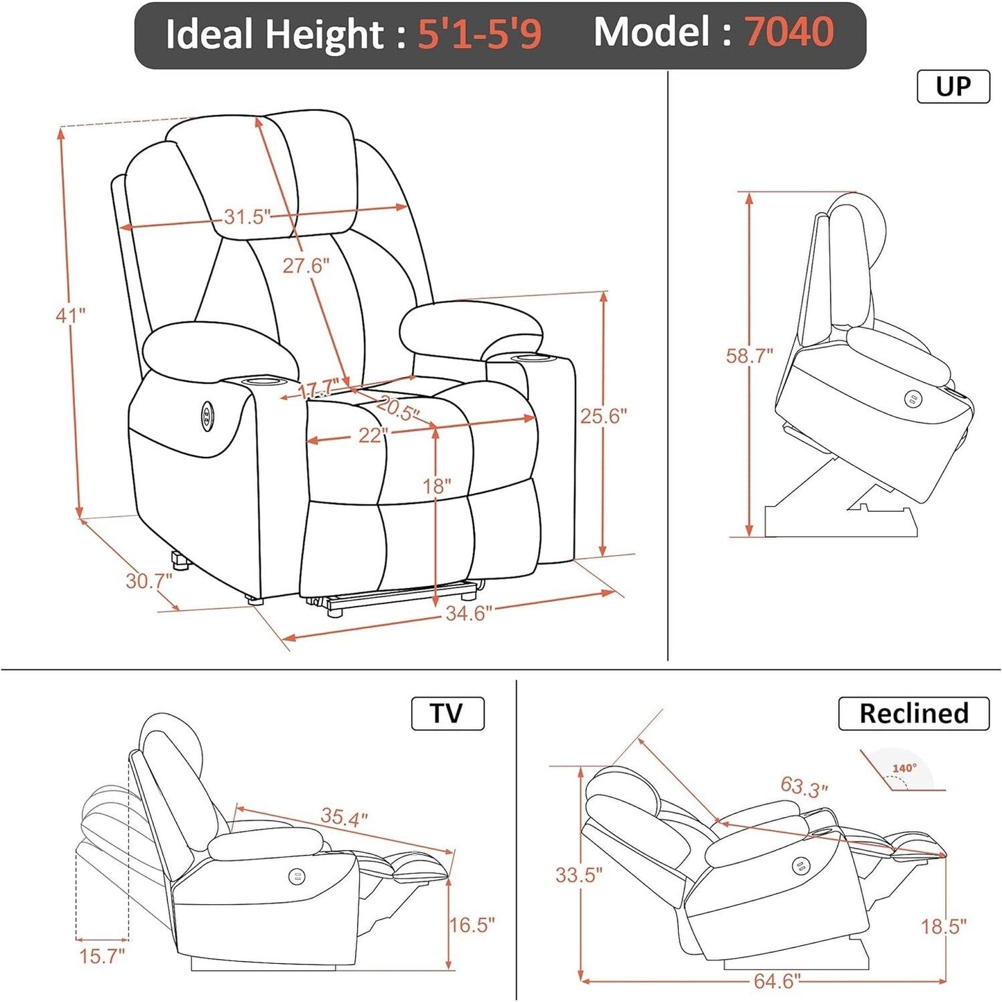 Fauteuil inclinable électrique MCombo avec massage et chauffage, 3 positions, ports USB, tissu 7040