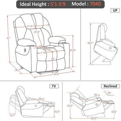 Fauteuil inclinable électrique MCombo avec massage et chauffage, 3 positions, ports USB, tissu 7040