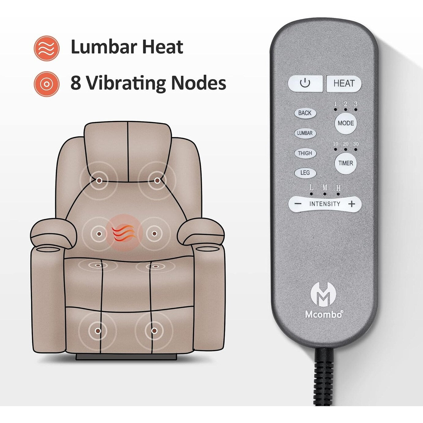 Fauteuil inclinable électrique MCombo avec massage et chauffage, 3 positions, ports USB, tissu 7040