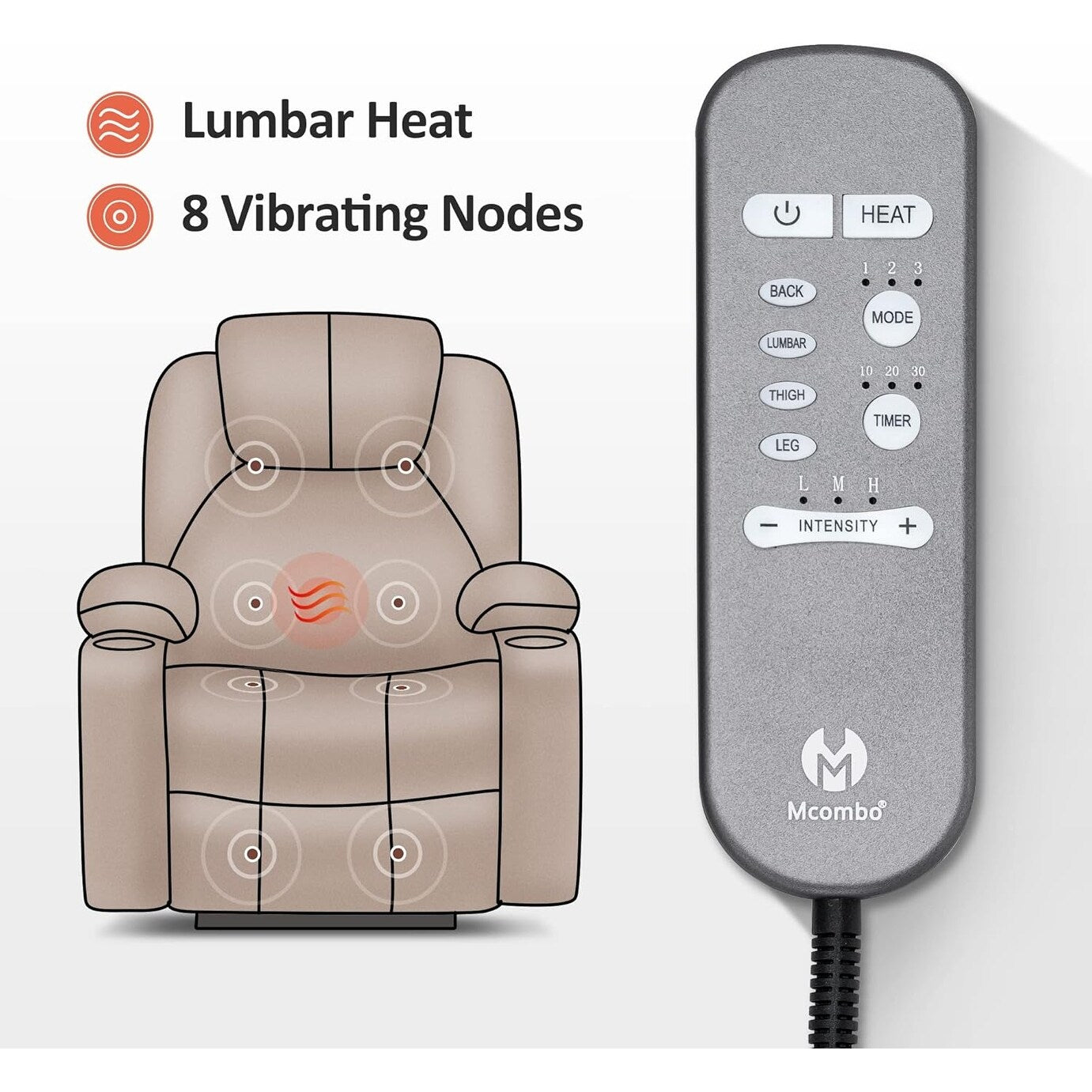 Fauteuil inclinable électrique MCombo avec massage et chauffage, 3 positions, ports USB, tissu 7040