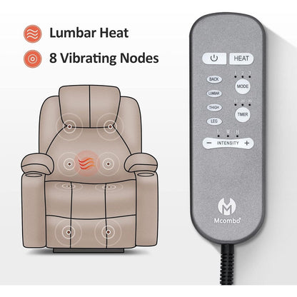 Fauteuil inclinable électrique MCombo avec massage et chauffage, 3 positions, ports USB, tissu 7040
