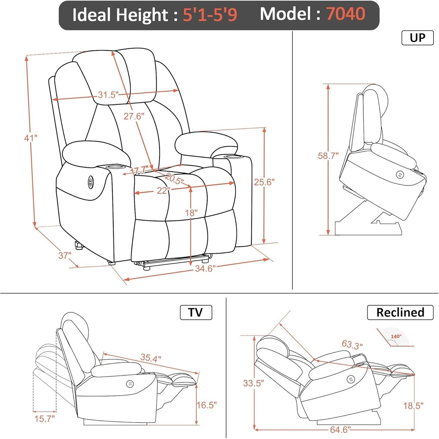 Fauteuil inclinable électrique MCombo avec massage et chauffage, 3 positions, ports USB, tissu 7040