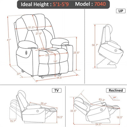 Fauteuil inclinable électrique MCombo avec massage et chauffage, 3 positions, ports USB, tissu 7040