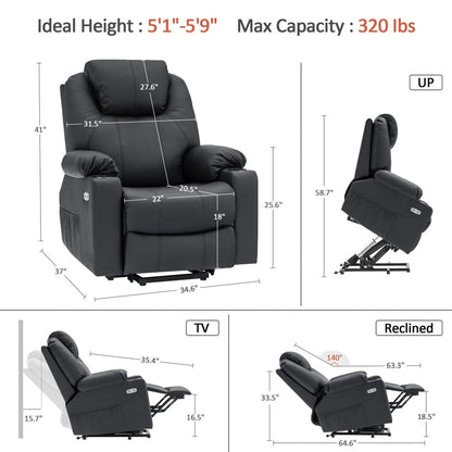 Fauteuil inclinable électrique MCombo avec massage et chauffage, 3 positions, ports USB, similicuir 7040