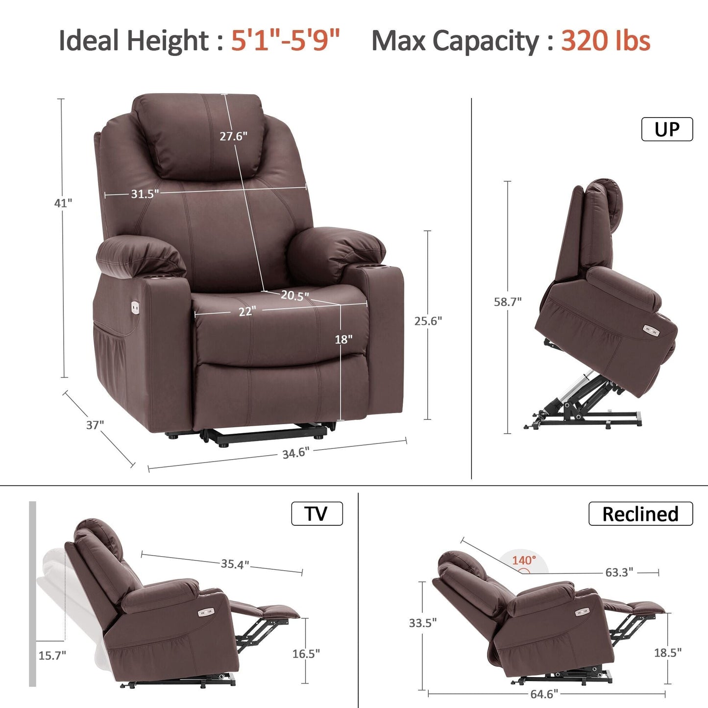 Fauteuil inclinable électrique MCombo avec massage et chauffage, 3 positions, ports USB, similicuir 7040