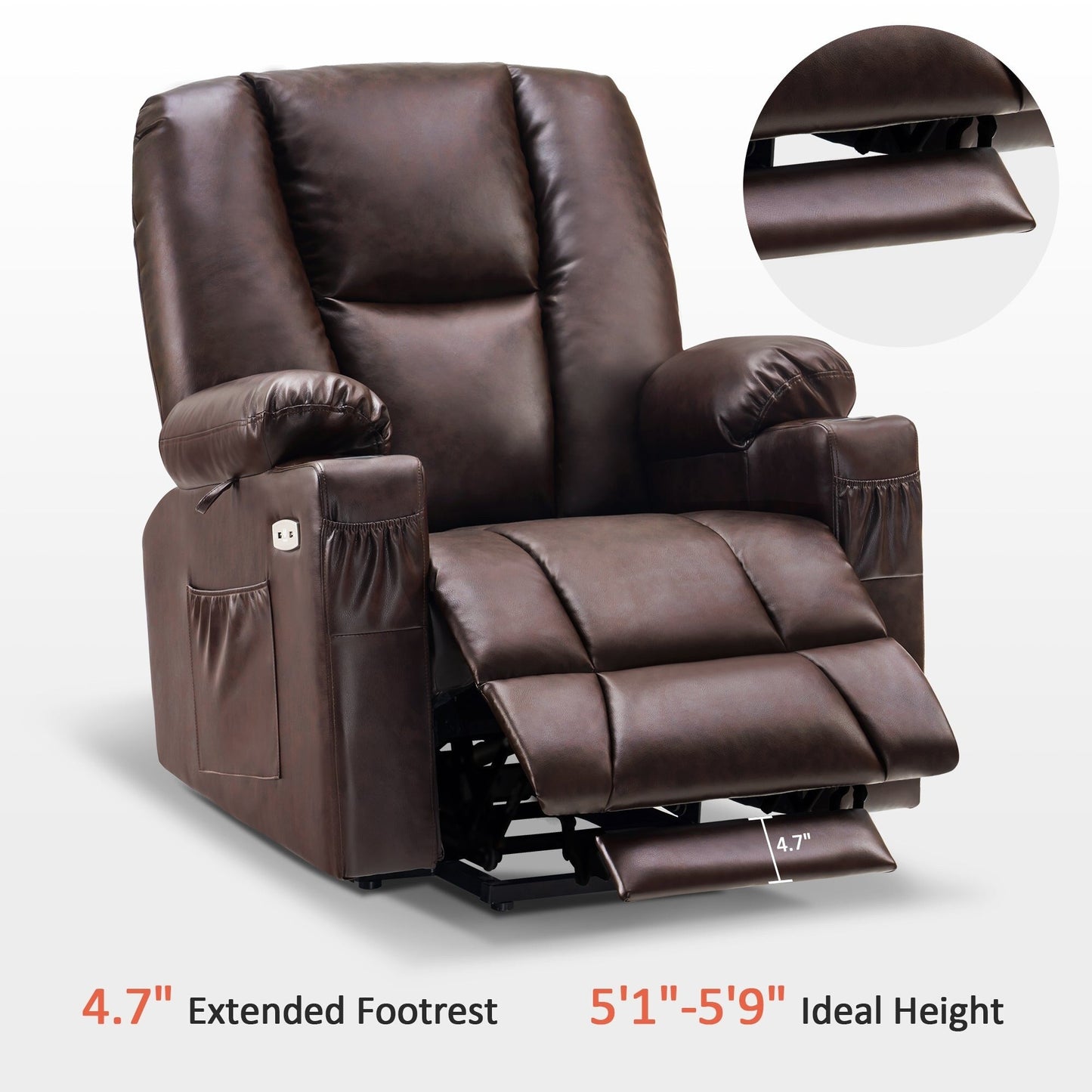 Fauteuil inclinable électrique MCombo avec repose-pieds allongé, porte-gobelets et similicuir 7507