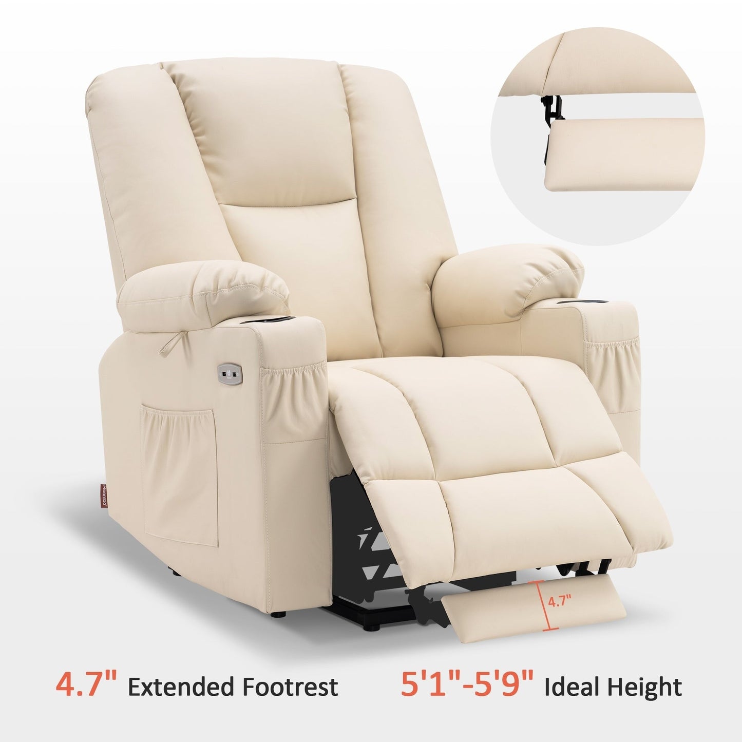 Fauteuil inclinable électrique MCombo avec repose-pieds allongé, porte-gobelets et similicuir 7507