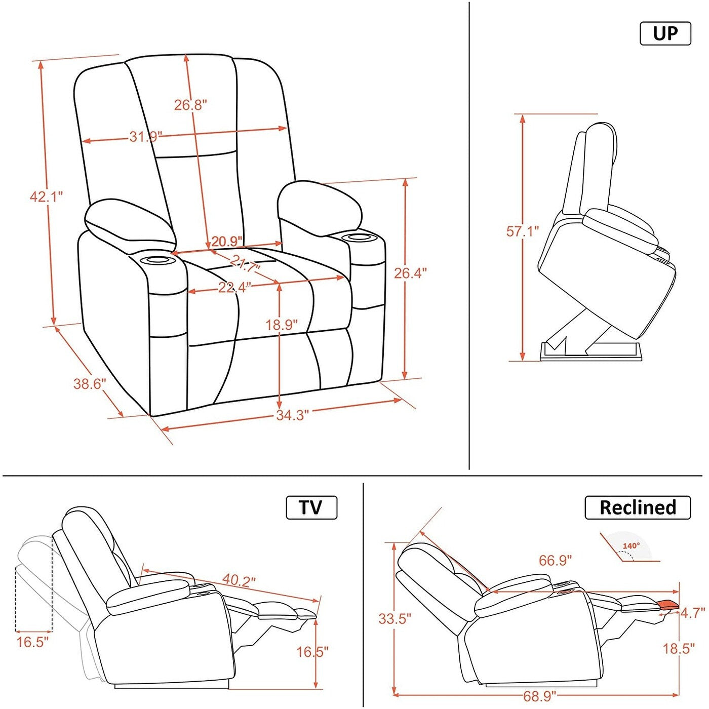 Fauteuil inclinable électrique MCombo avec repose-pieds allongé, porte-gobelets et similicuir 7507