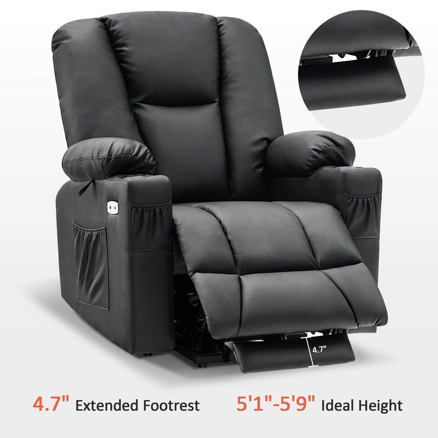 Fauteuil inclinable électrique MCombo avec repose-pieds allongé, porte-gobelets et similicuir 7507