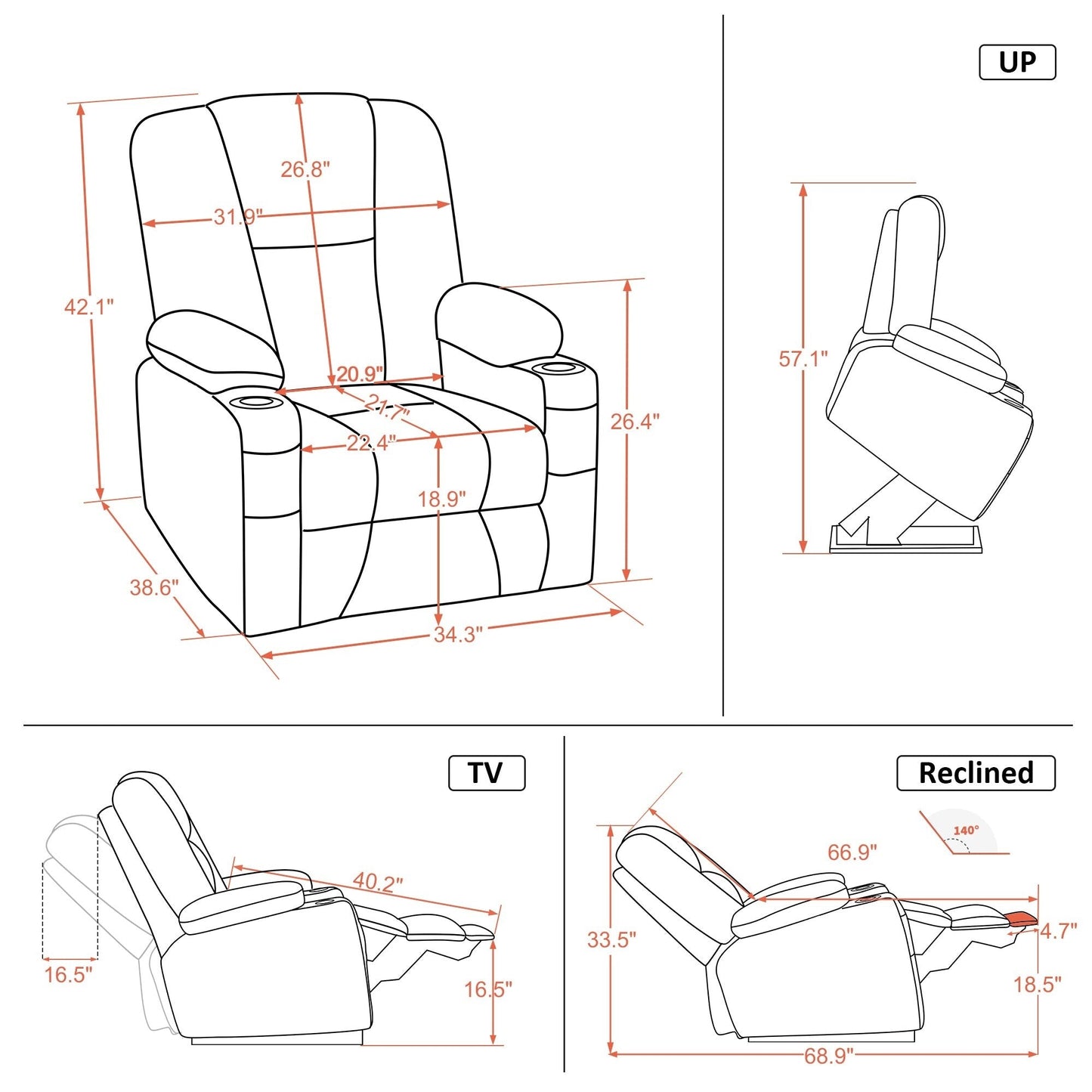 Fauteuil inclinable électrique MCombo avec repose-pieds allongé, porte-gobelets et similicuir 7507