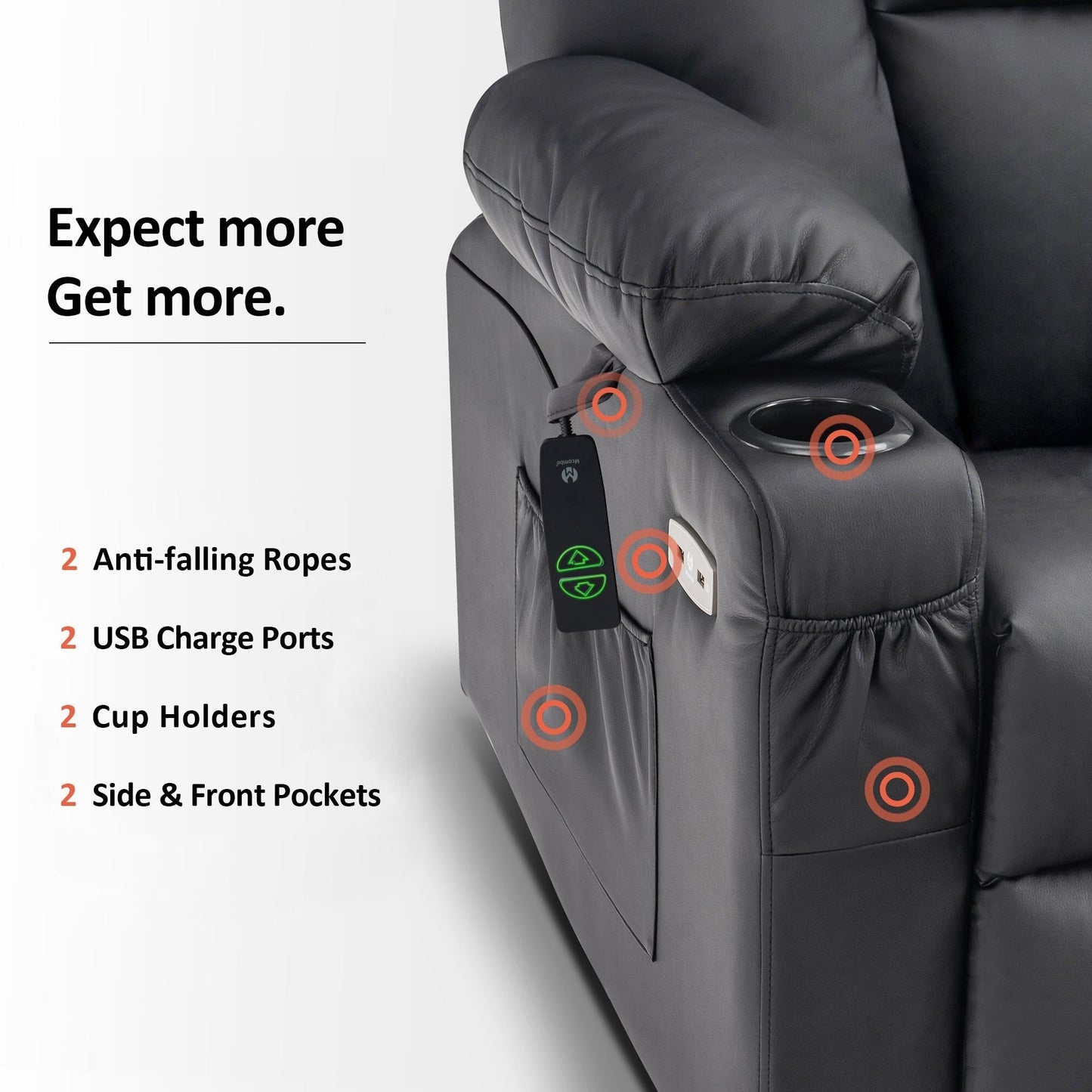 Fauteuil inclinable électrique MCombo avec repose-pieds allongé, porte-gobelets et similicuir 7507