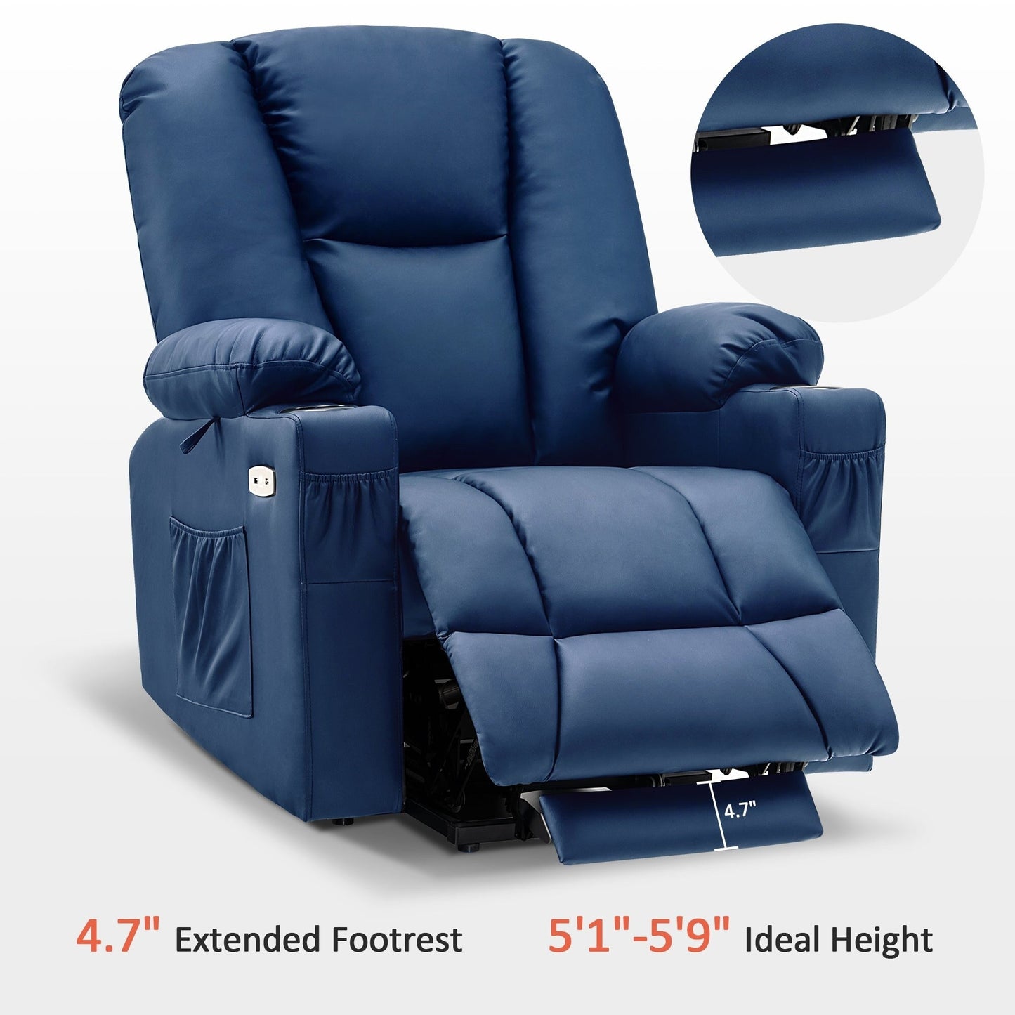 Fauteuil inclinable électrique MCombo avec repose-pieds allongé, porte-gobelets et similicuir 7507