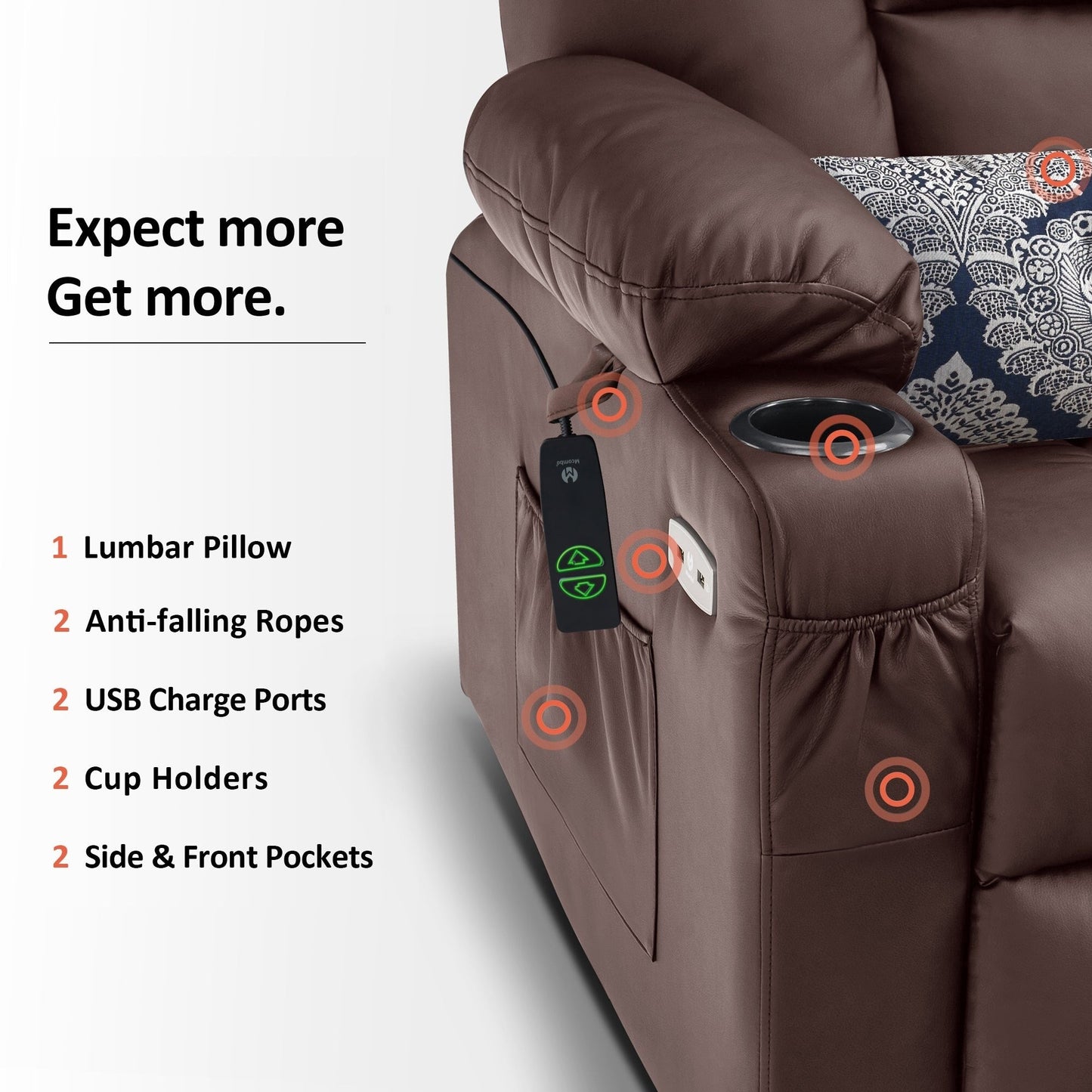 Fauteuil inclinable électrique MCombo avec repose-pieds allongé, porte-gobelets et similicuir 7507