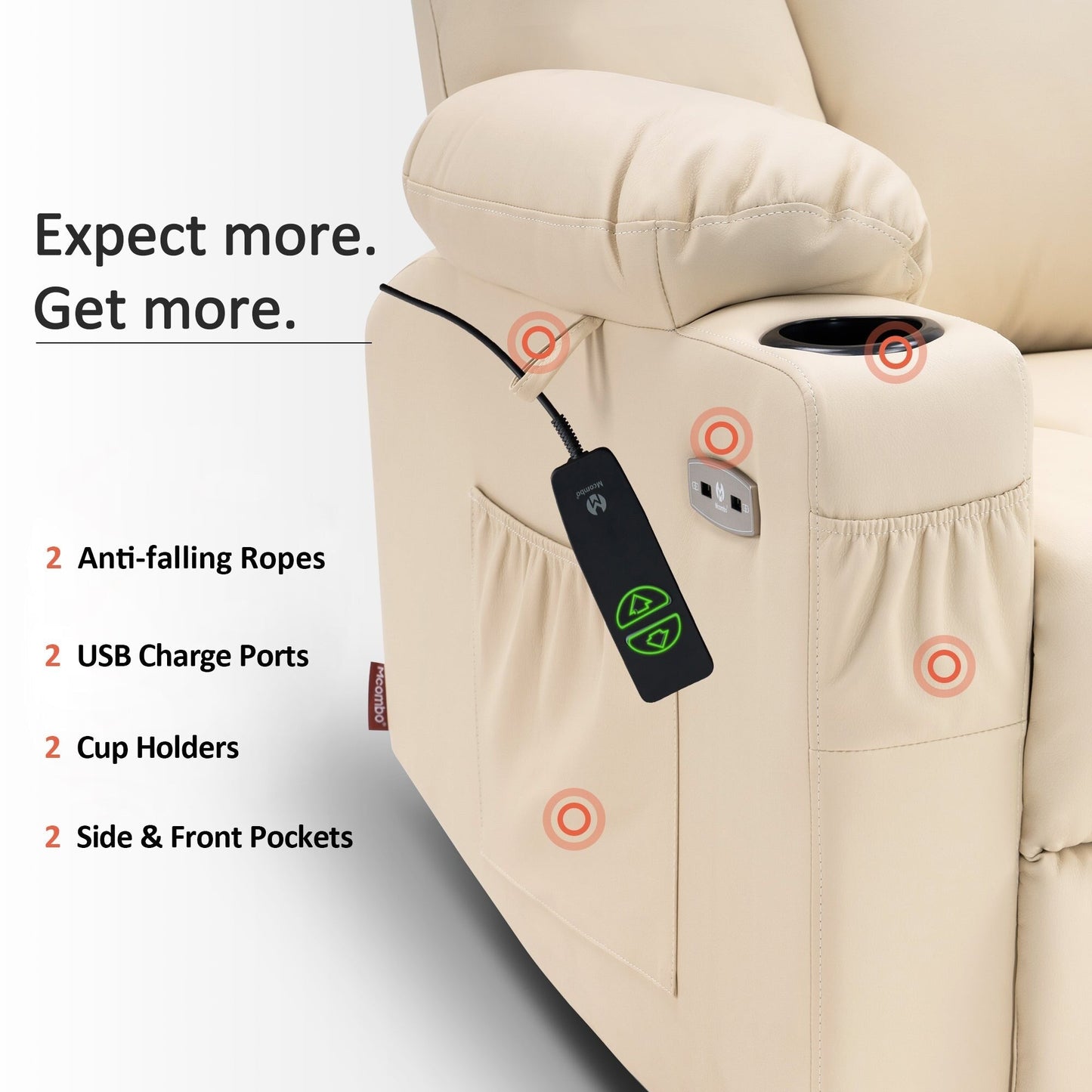 Fauteuil inclinable électrique MCombo avec repose-pieds allongé, porte-gobelets et similicuir 7507