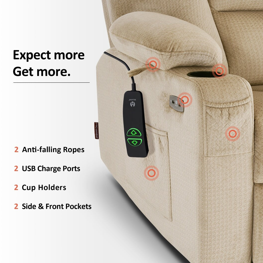 Fauteuil inclinable électrique MCombo avec massage et chauffage pour personnes âgées, repose-pieds allongé, ports USB, tissu (moyen)