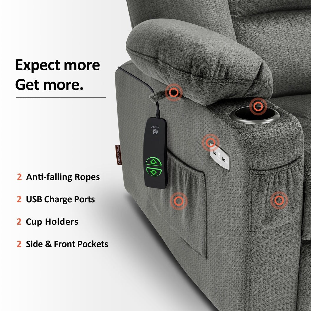 Fauteuil inclinable électrique MCombo avec massage et chauffage pour personnes âgées, repose-pieds allongé, ports USB, tissu (moyen)