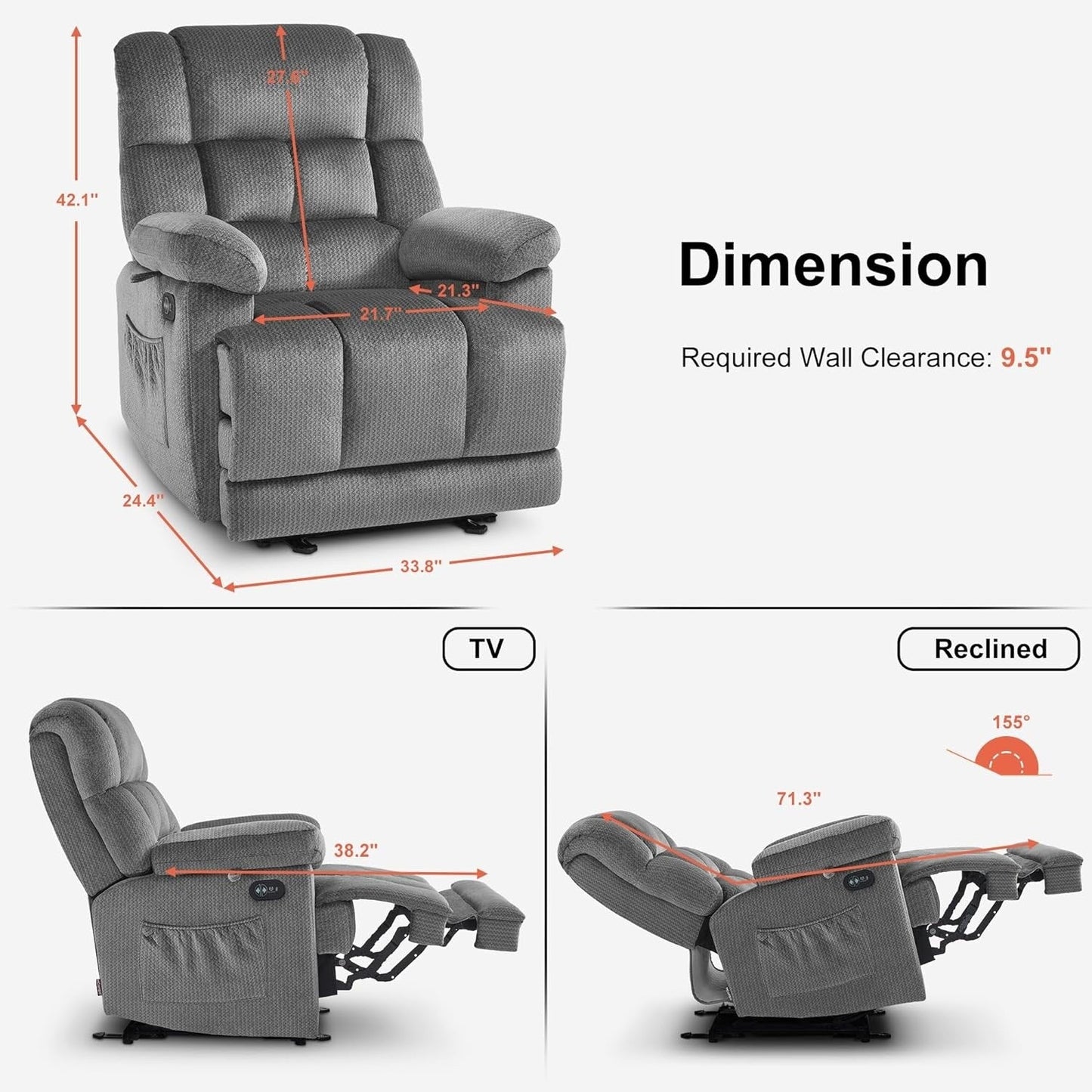 Fauteuil inclinable électrique MCombo pour salon avec chauffage et massage, tissu R6233