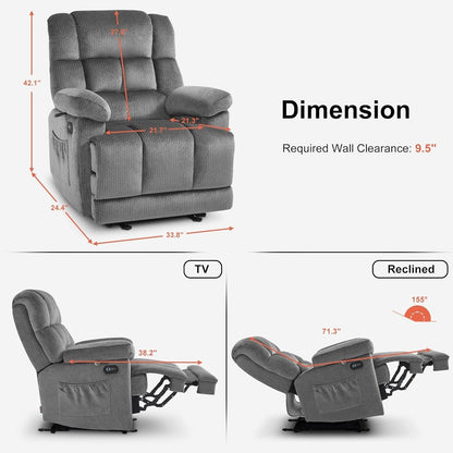 Fauteuil inclinable électrique MCombo pour salon avec chauffage et massage, tissu R6233
