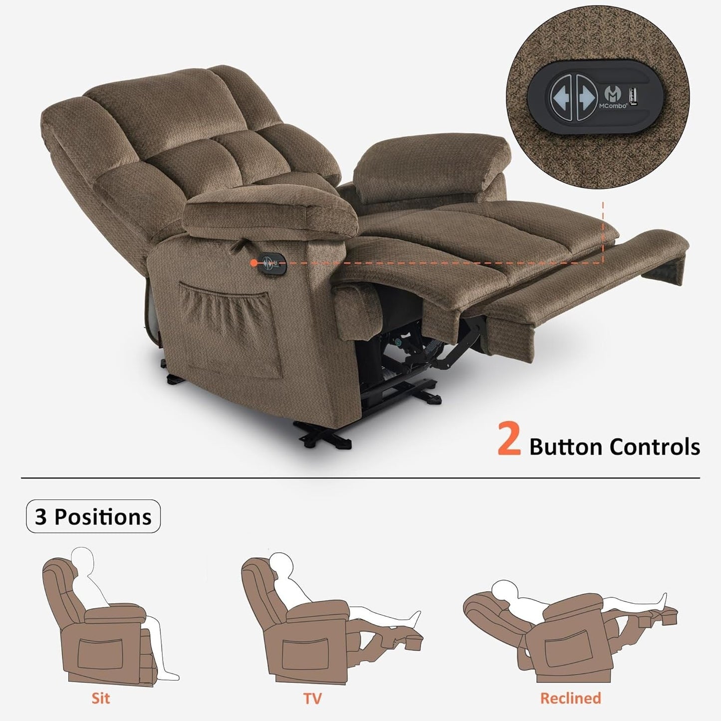 Fauteuil inclinable électrique MCombo pour salon avec chauffage et massage, tissu R6233
