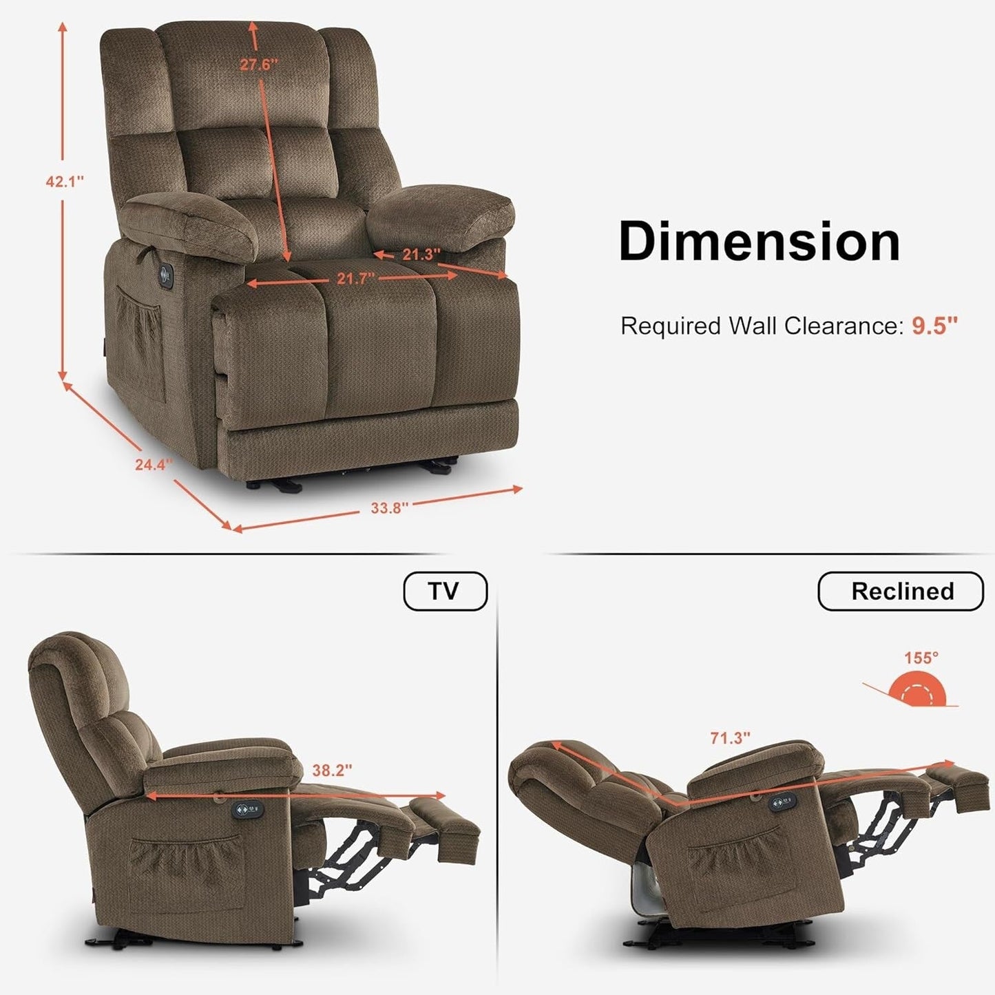Fauteuil inclinable électrique MCombo pour salon avec chauffage et massage, tissu R6233