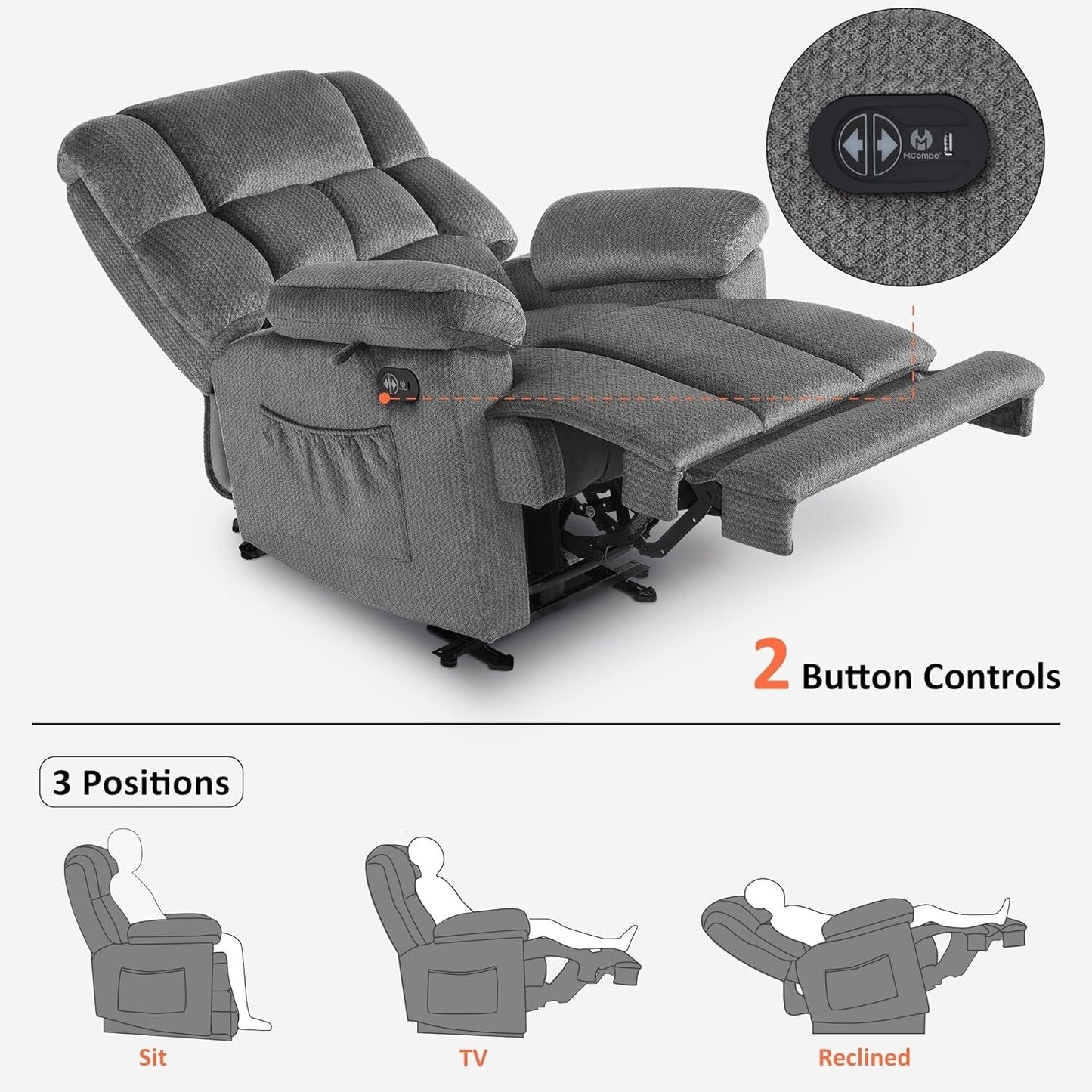 Fauteuil inclinable électrique MCombo pour salon avec chauffage et massage, tissu R6233