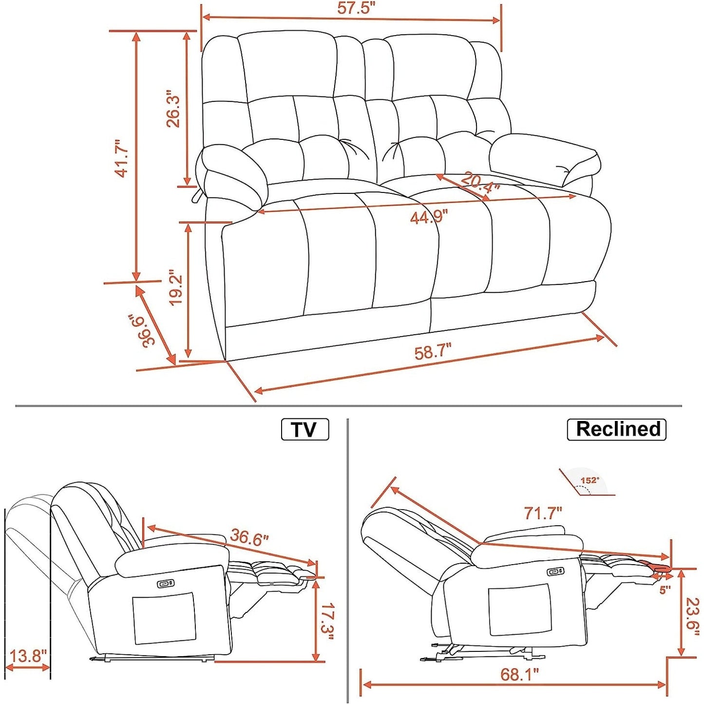 Canapé inclinable électrique MCombo avec chauffage et massage, tissu 6237