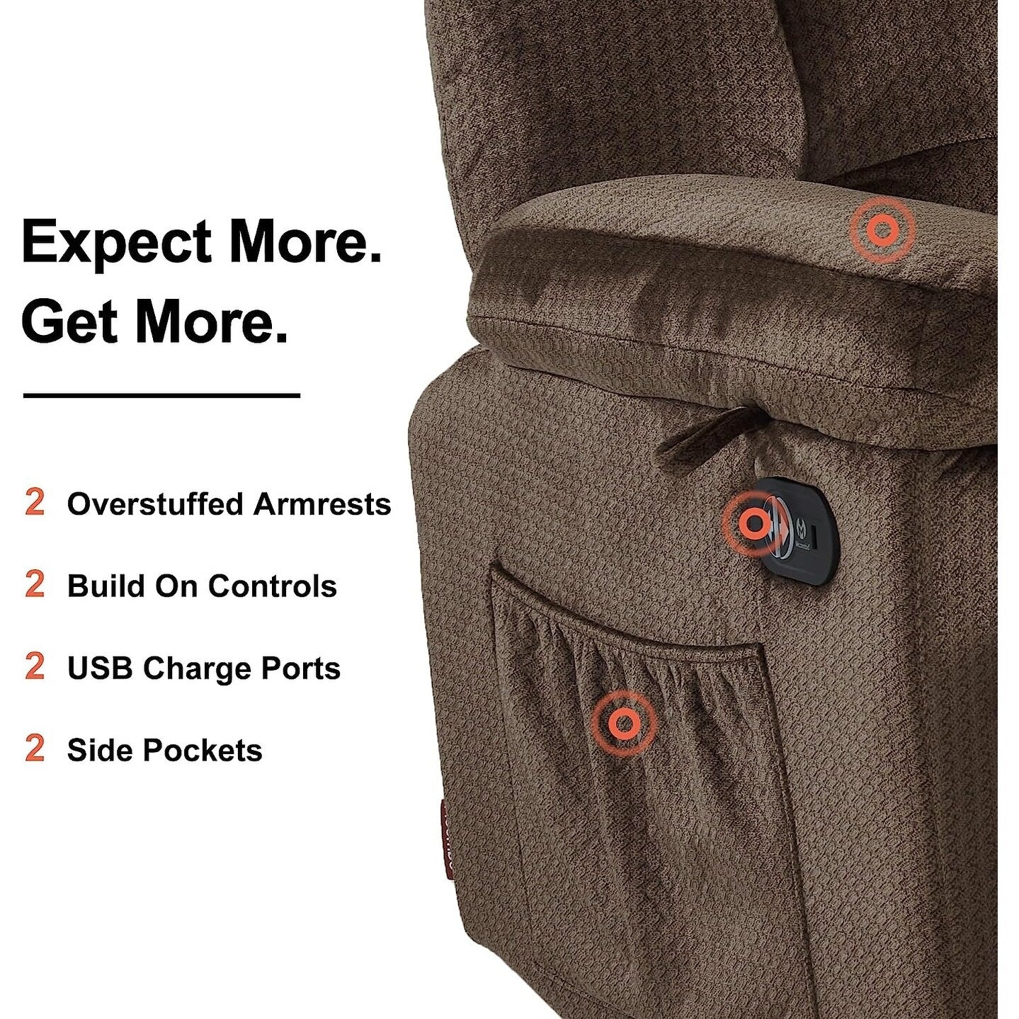 Canapé inclinable électrique MCombo avec chauffage et massage, tissu 6237