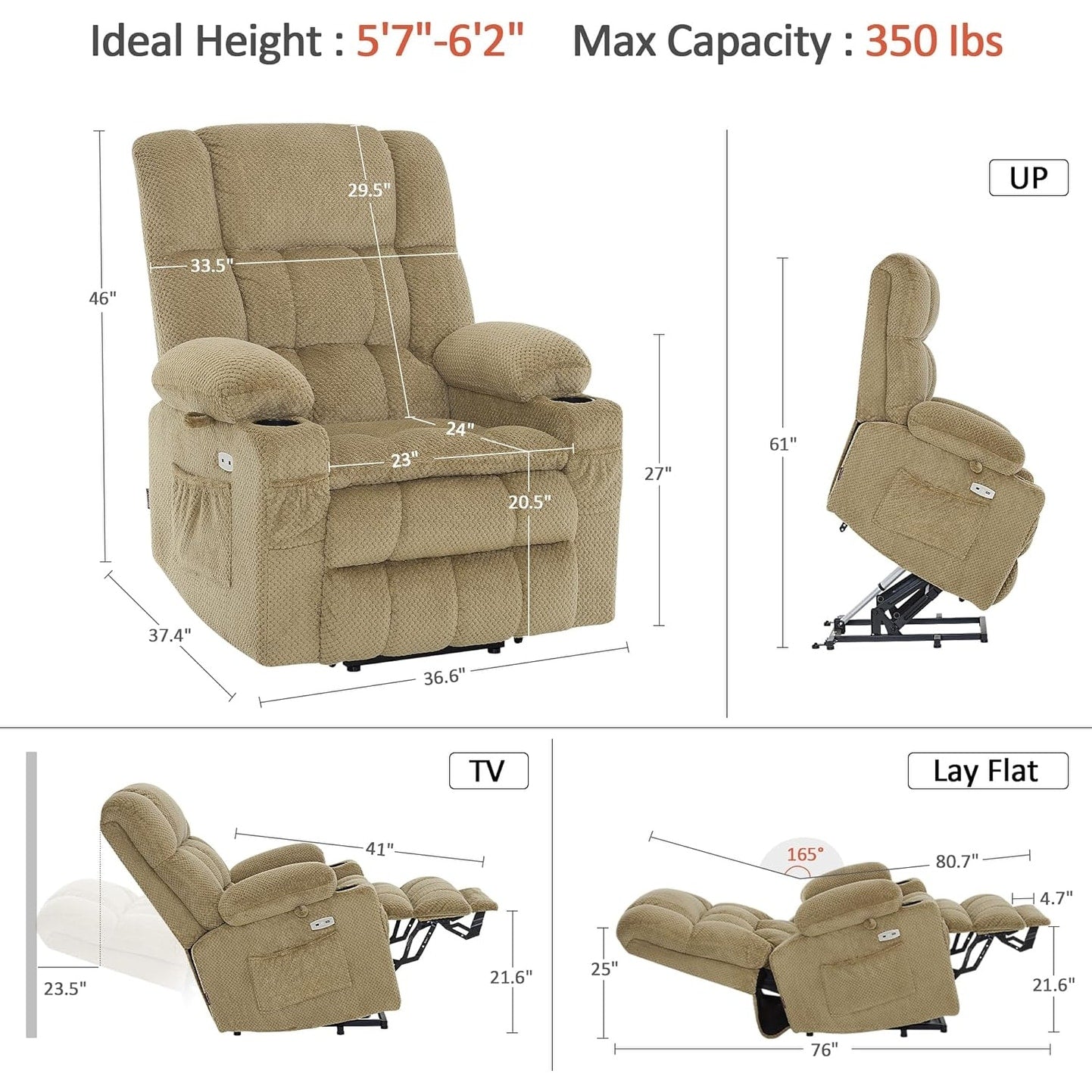 Fauteuil inclinable électrique à double moteur MCombo, grand format, avec massage et chauffage, pour personnes âgées de grande taille, tissu 7896