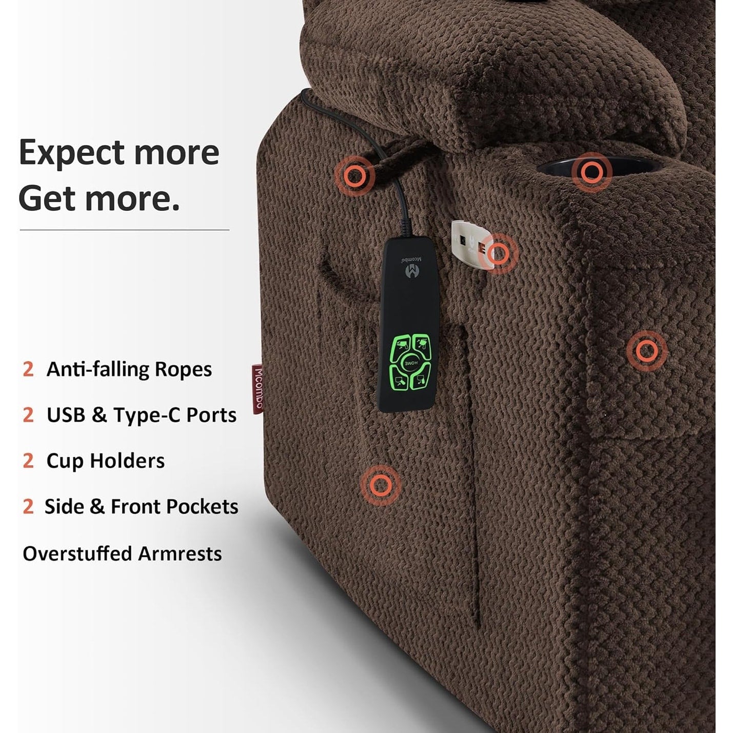 Fauteuil inclinable électrique à double moteur MCombo, grand format, avec massage et chauffage, pour personnes âgées de grande taille, tissu 7896