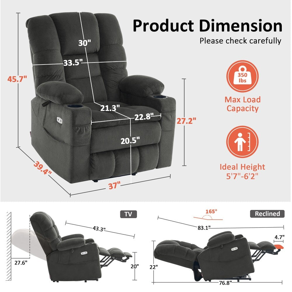 Fauteuil inclinable électrique à double moteur MCombo, grand format, avec massage et double chauffage, pour personnes âgées de grande taille, tissu 7634